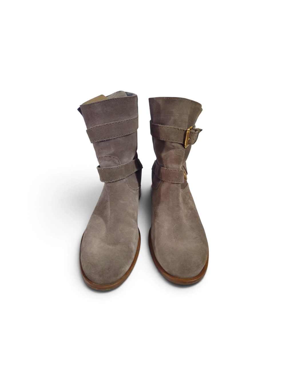 Kate Spade New York "Sabina" Moto Boots Taupe Brown Buckle Straps Bow Size 10 - Picture 3 of 11